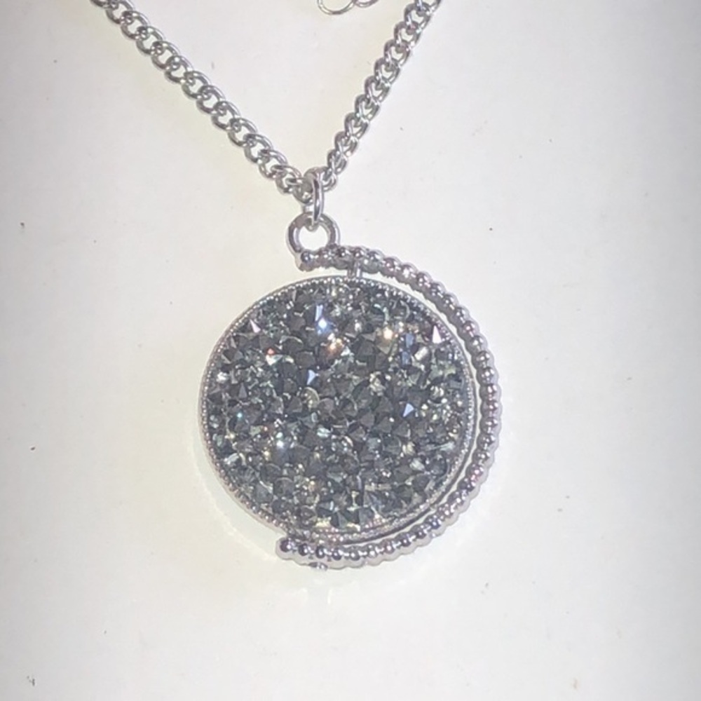 Silver Tone & Gray Metallic CZ Rhinestone Flippable Pendant Boho Necklace